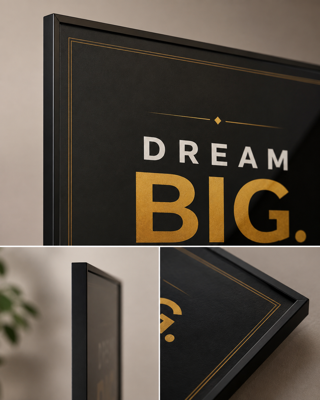 A framed motivational wall art print with the words “DREAM BIG.” in white and metallic gold lettering on a black background, shown in a three-panel composite with close-up views of the frame and wall mounting.