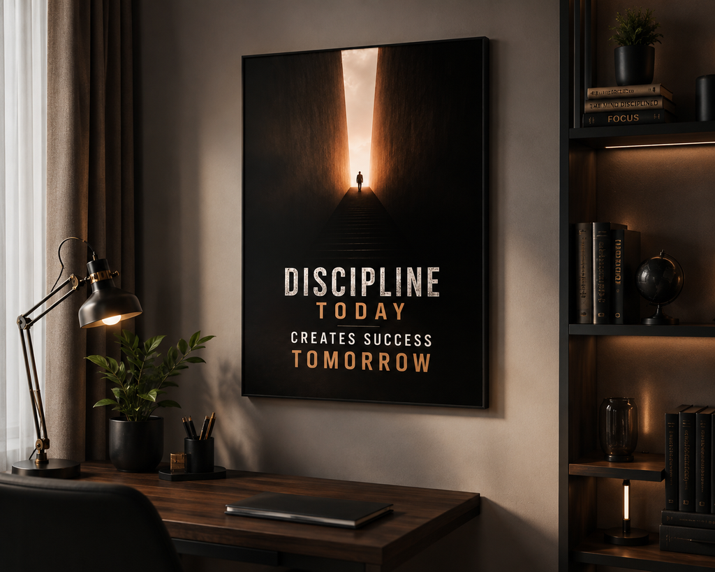 A framed motivational wall art print hangs on a dark wall in a modern home office setting. The print features a glowing vertical beam of light on a black background with the text 'DISCIPLINE TODAY CREATES SUCCESS TOMORROW' in white and gold.