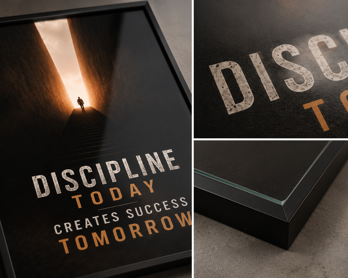 A framed motivational poster with the text 'DISCIPLINE TODAY CREATES SUCCESS TOMORROW' shown in a three-panel collage. The left panel displays the full poster with a glowing staircase graphic and a small figure at the top.