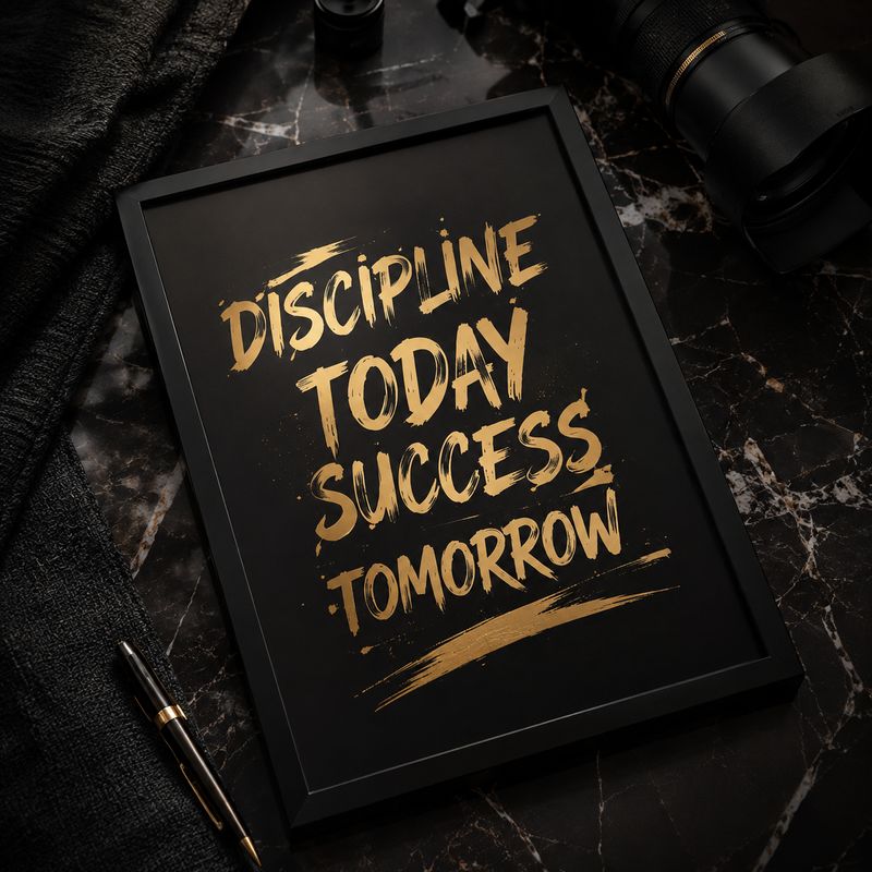 Framed motivational art print with 'Discipline Today Success Tomorrow' in gold on black, styled on marble with camera and pen