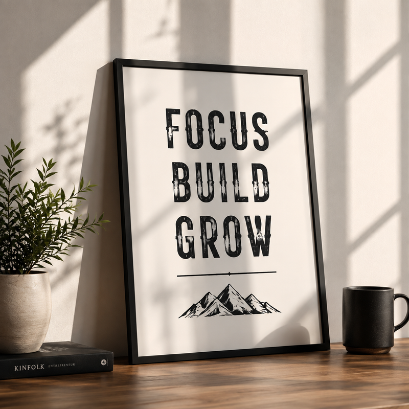 Framed 'Focus Build Grow' wall art with mountain graphic, styled on wooden desk with plant and mug