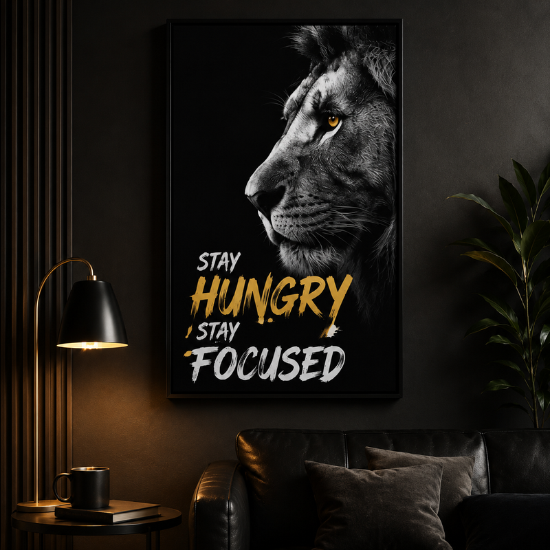Lion wall art with 'Stay Hungry Stay Focused' quote, modern black frame, motivational home decor