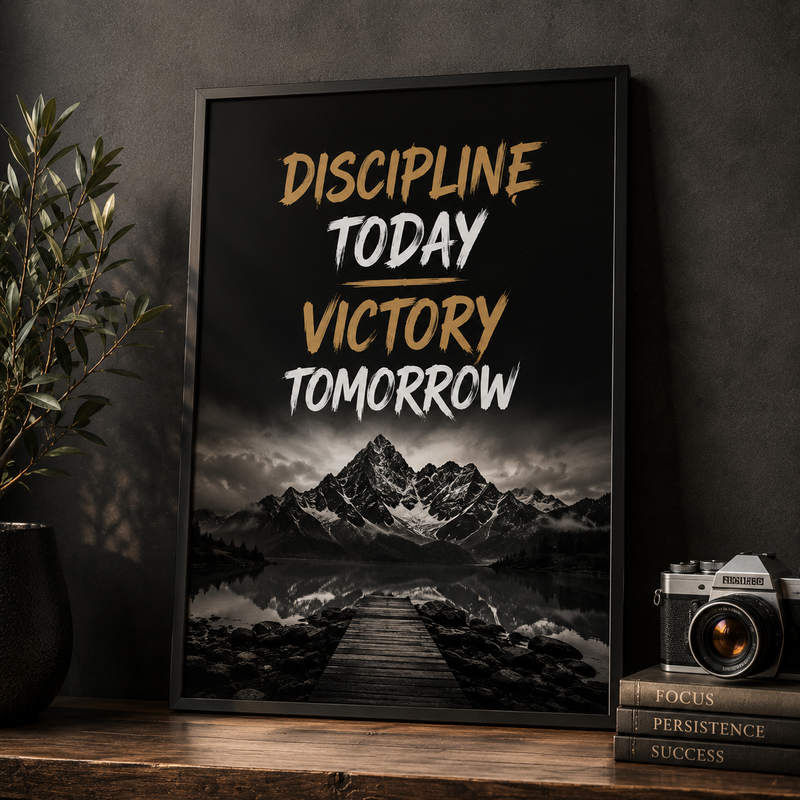 Motivational wall art print with 'Discipline Today Victory Tomorrow' quote over mountain lake scene, framed for home decor