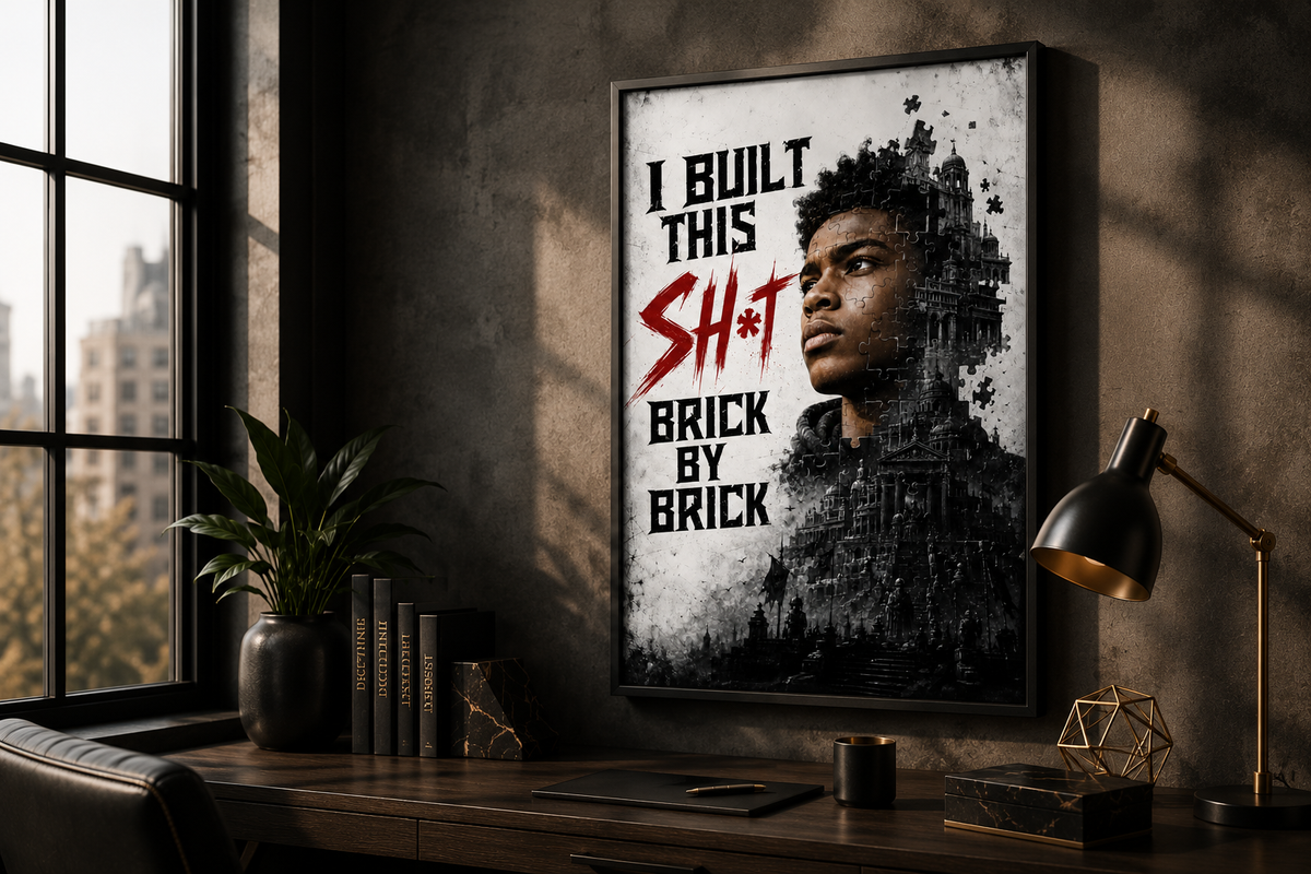 Motivational wall art print with 'I Built This Sh*t Brick by Brick' text, featuring a puzzle-style portrait and urban skyline, displayed in a modern office.