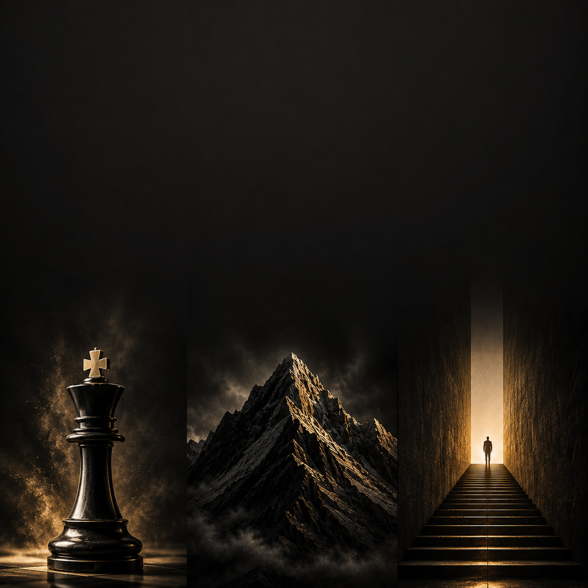 Black chess king, rugged mountain peak, and silhouette ascending stairs to light — strategic journey imagery