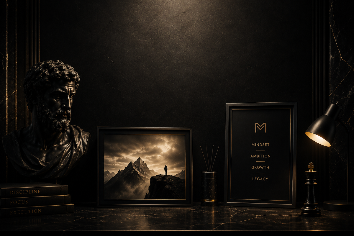 Luxury desk setup with framed mountain art, motivational print, bust sculpture, and chess piece under warm lighting