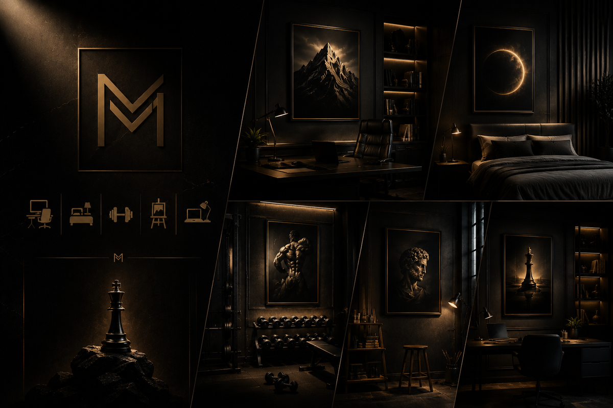 Luxury dark interior with framed mountain, eclipse, and chess art, gym, office, and bedroom spaces