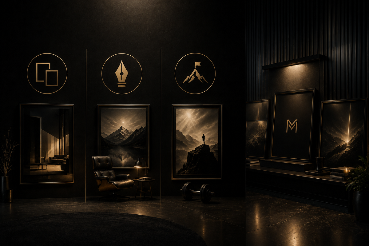 Luxury black and gold framed mountain art in modern gallery with leather chair and ambient lighting
