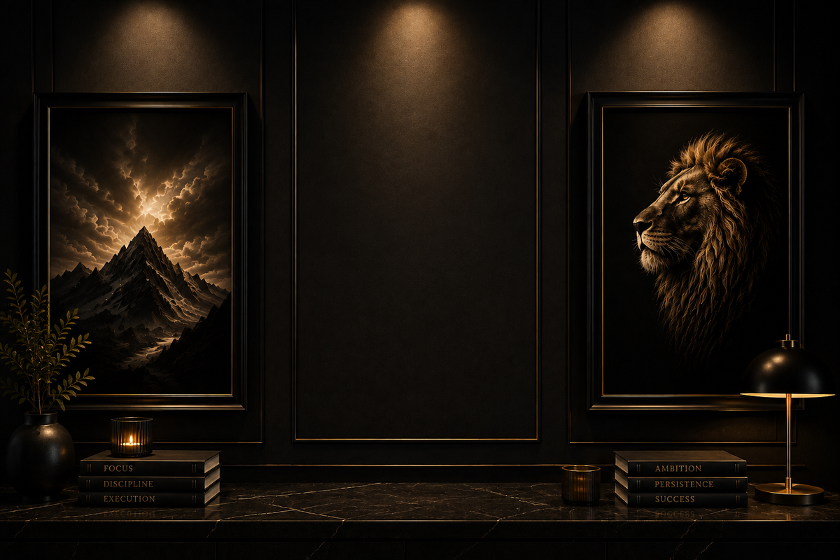 Luxury wall art featuring lion portrait and mountain landscape in black frames, modern home decor