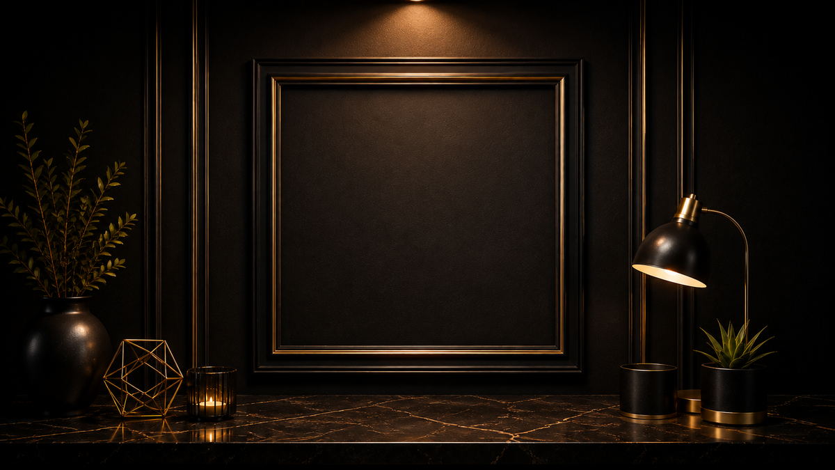 Luxury black and gold picture frame on marble console with modern decor and warm lighting