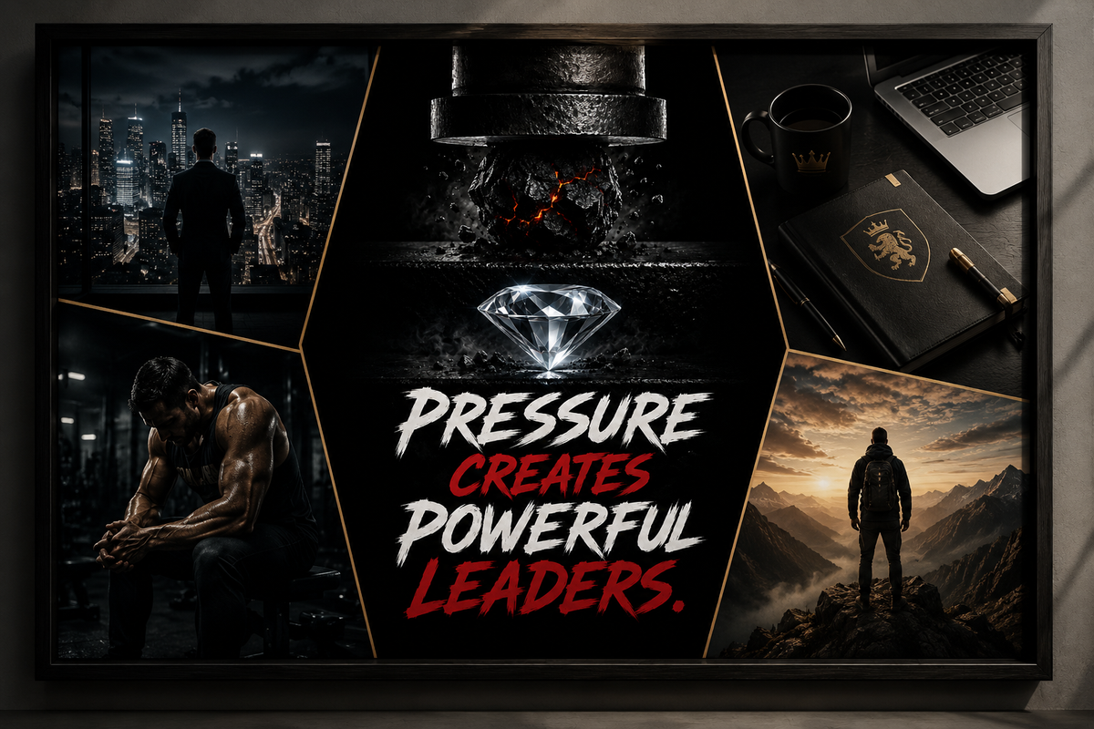 Motivational wall art with 'Pressure Creates Powerful Leaders' text, diamond, cityscape, gym, and mountain scenes