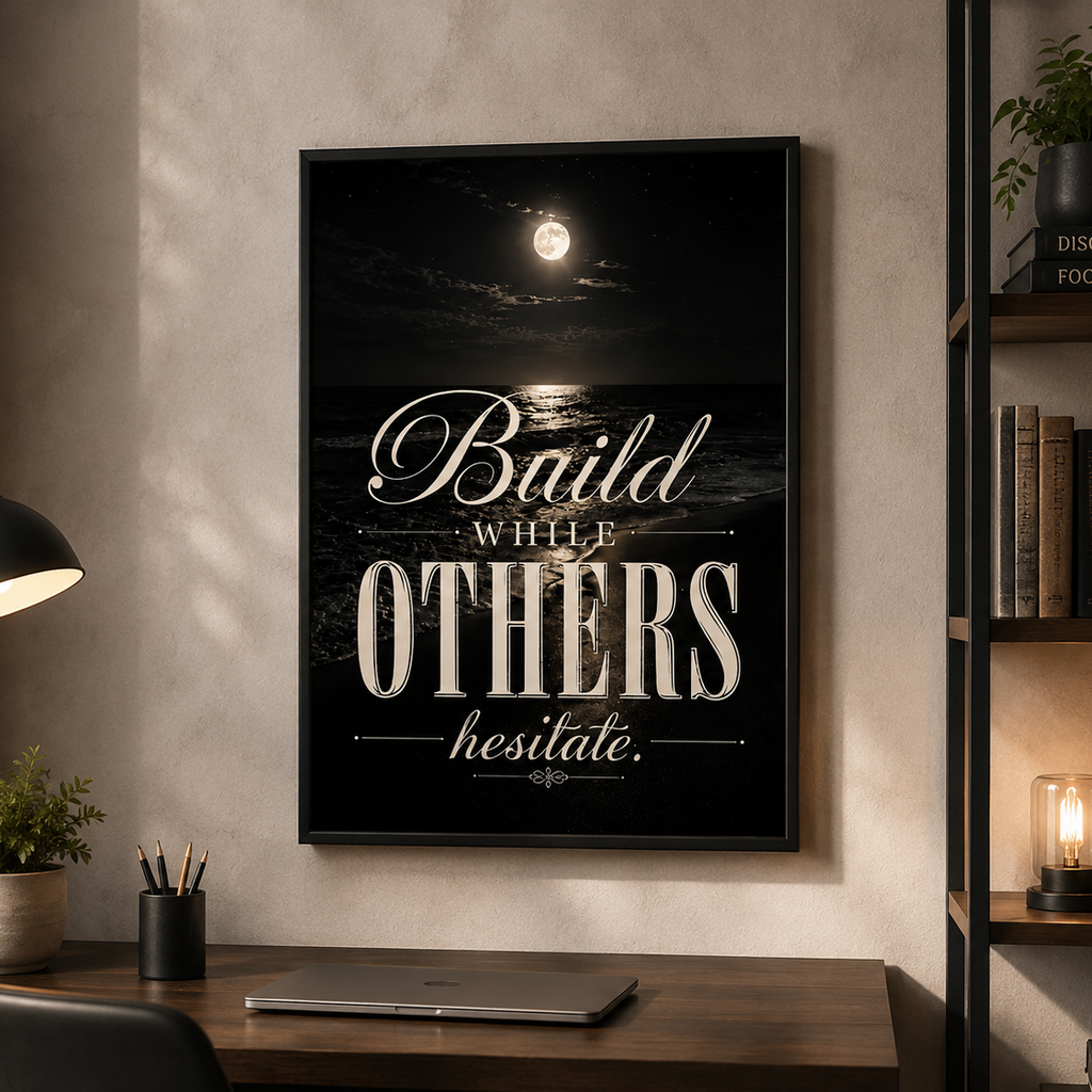 A framed motivational wall art print hangs on a beige wall above a wooden desk in a styled home office. The print features a black night sky with a full moon over water and the text 'Build While Others Hesitate' in white.