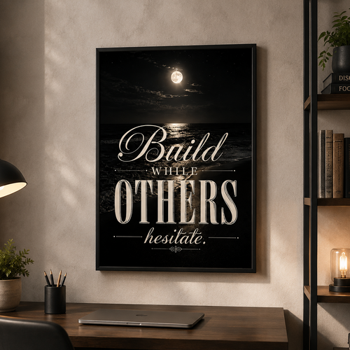 A framed motivational wall art print hangs on a beige wall above a wooden desk in a styled home office. The print features a black night sky with a full moon over water and the text 'Build While Others Hesitate' in white.