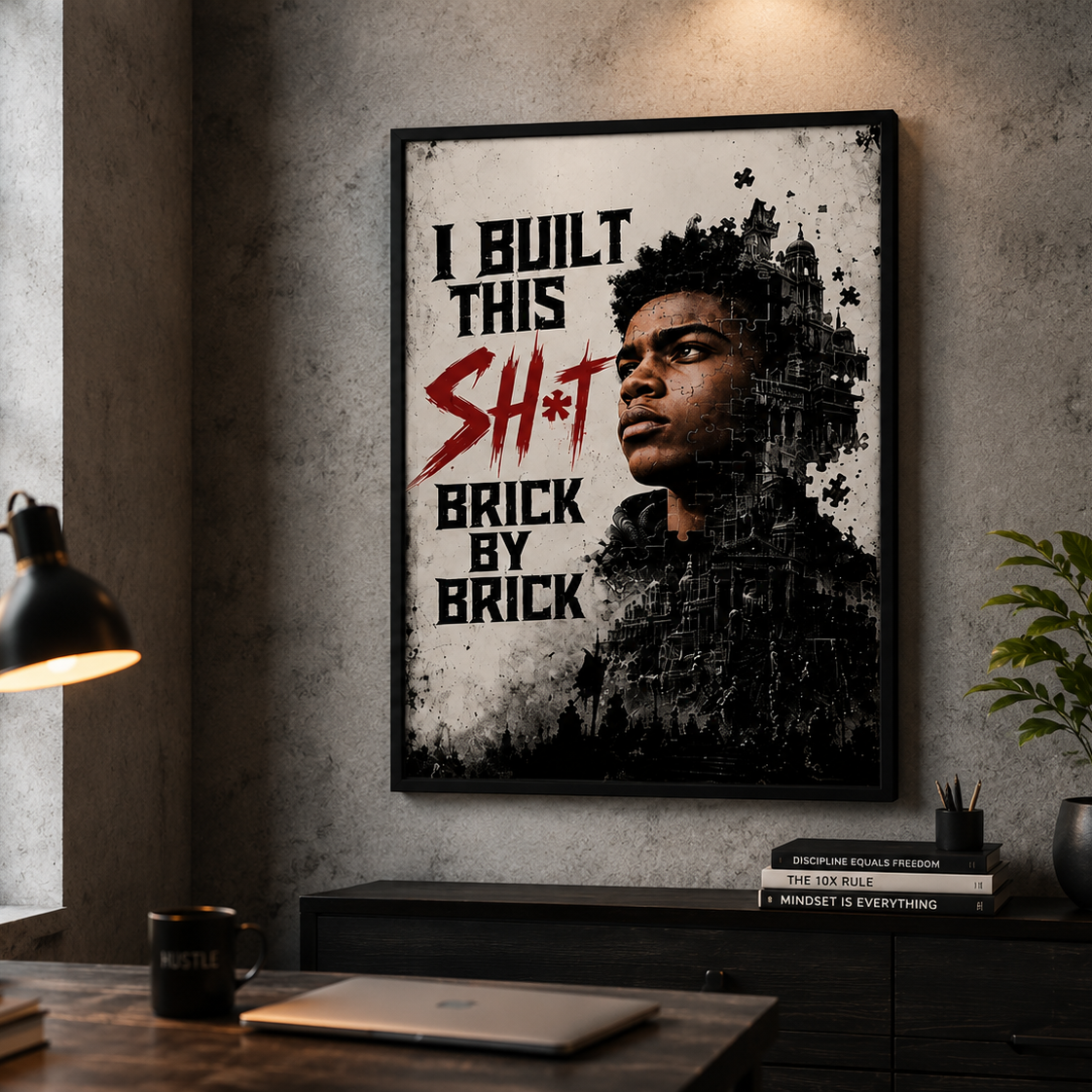 A framed motivational poster featuring a black and white portrait of a man and bold text reading 'I BUILT THIS SH*T BRICK BY BRICK' in black and red, displayed on a gray concrete wall above a desk in a modern office setting.