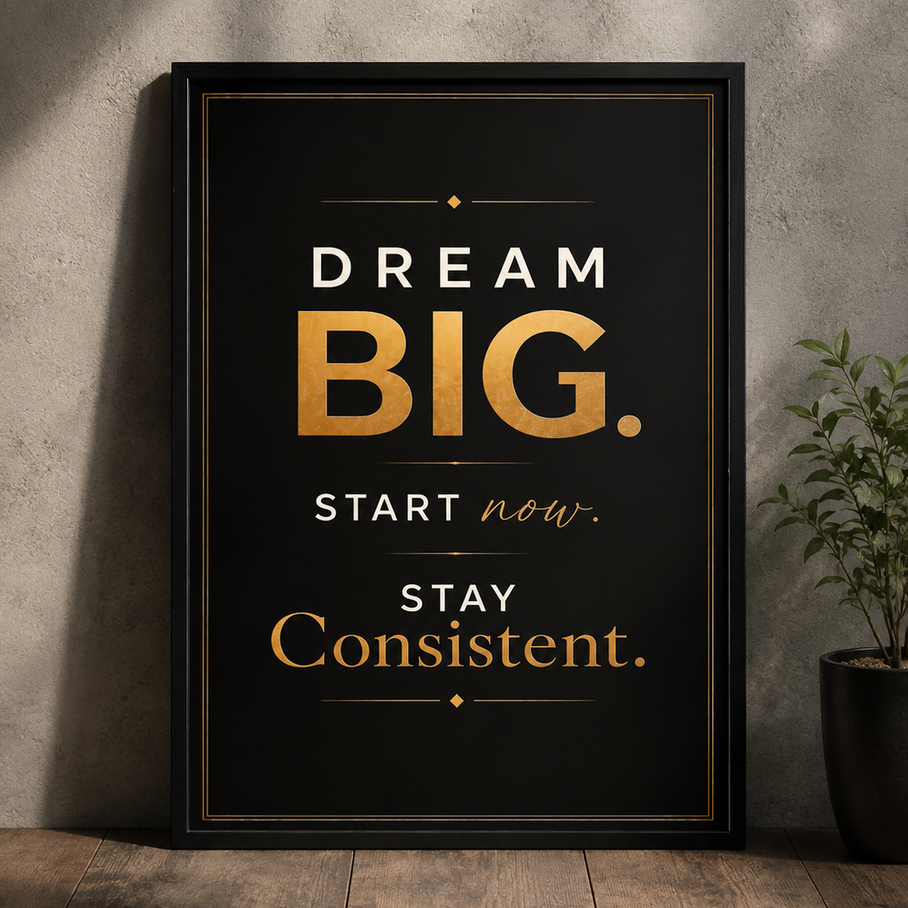 A framed motivational poster with the text 'DREAM BIG. START now.