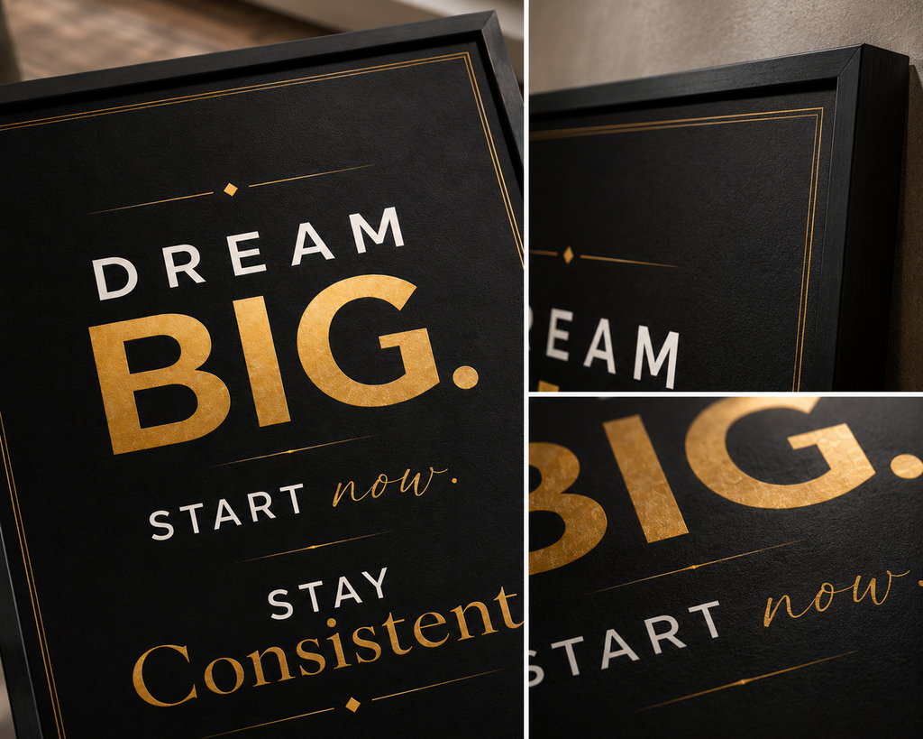 A framed motivational wall sign with the text 'DREAM BIG. START now.