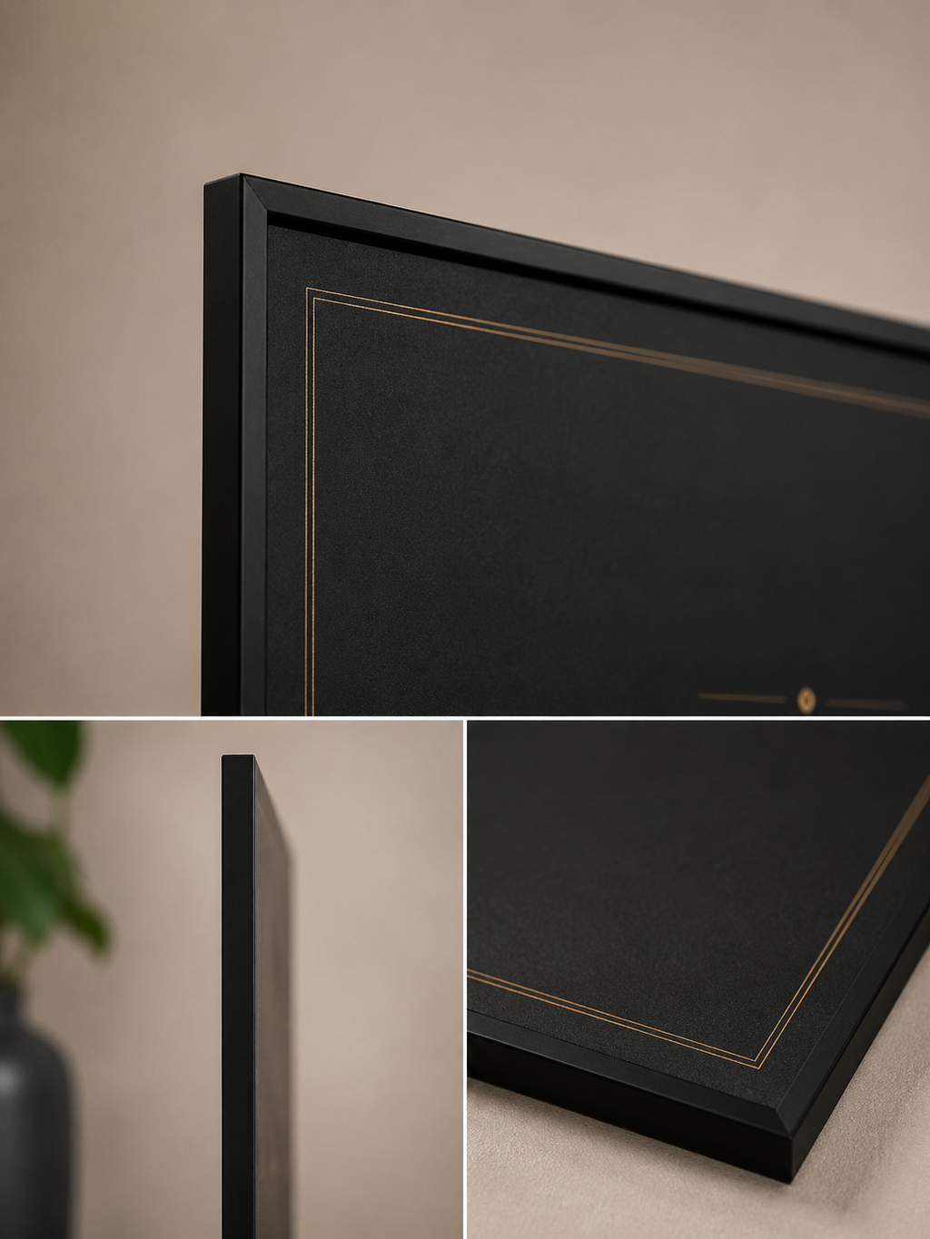 Close-up views of a black framed wall art piece with thin gold decorative lines, shown against a warm beige background.
