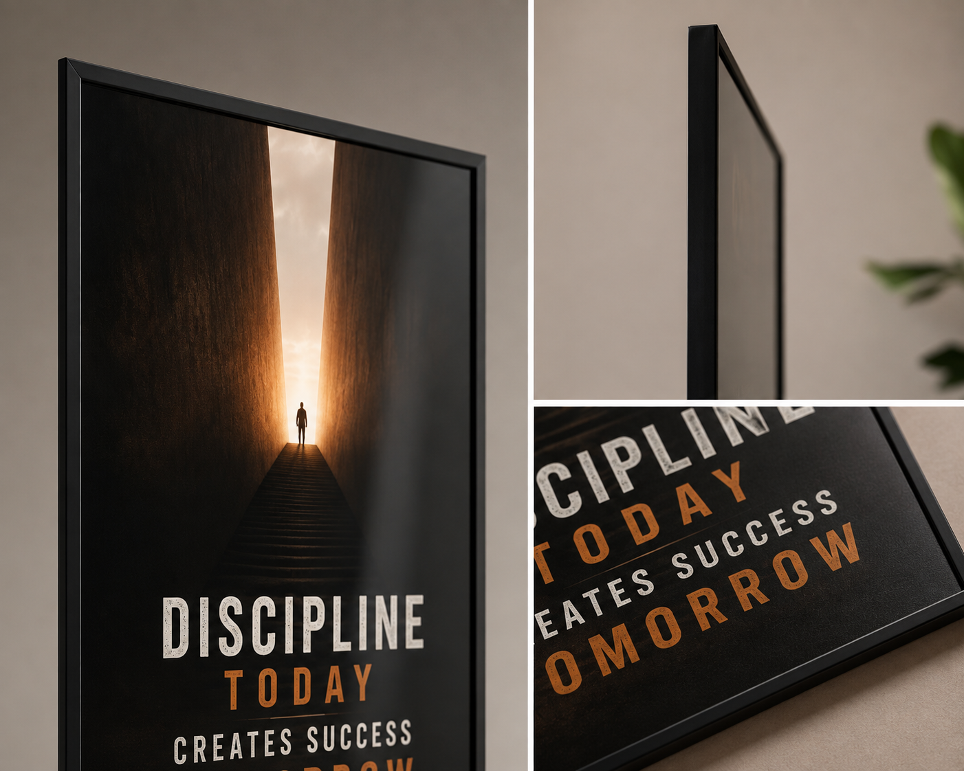 A framed motivational poster with the text 'DISCIPLINE TODAY CREATES SUCCESS TOMORROW' shown in a split view: one large angled panel and two smaller detail panels. The poster has a black background with a glowing golden path and silhouette, plus white and orange lettering.