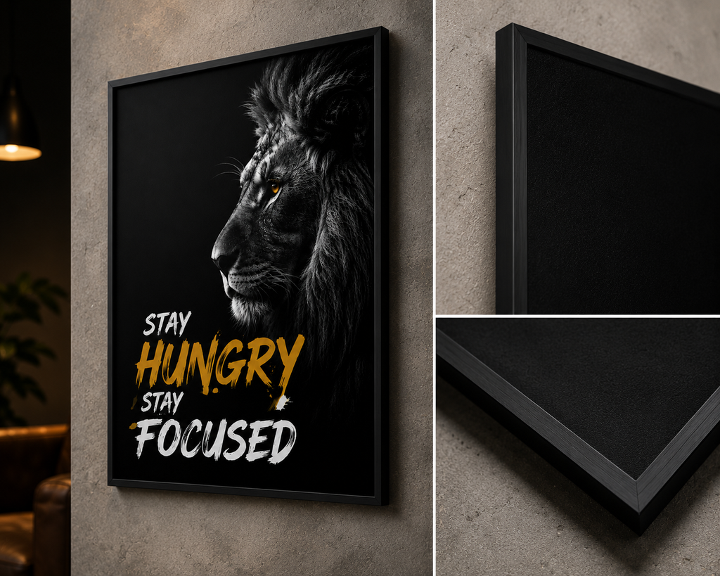 Framed lion wall art with 'Stay Hungry Stay Focused' quote, modern black frame, motivational decor