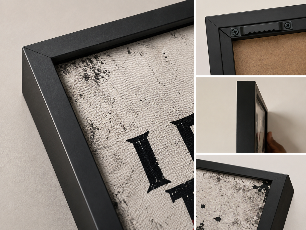 A collage showing a black shadowbox frame with a textured off-white art print featuring black gothic lettering. The left panel shows a close-up of the frame corner and print texture, while the right-side panels show the back hanger area, the side depth, and another angle of the frame.