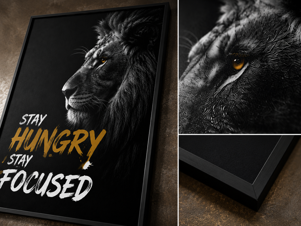 Framed lion wall art with 'Stay Hungry Stay Focused' quote, bold black frame, motivational decor