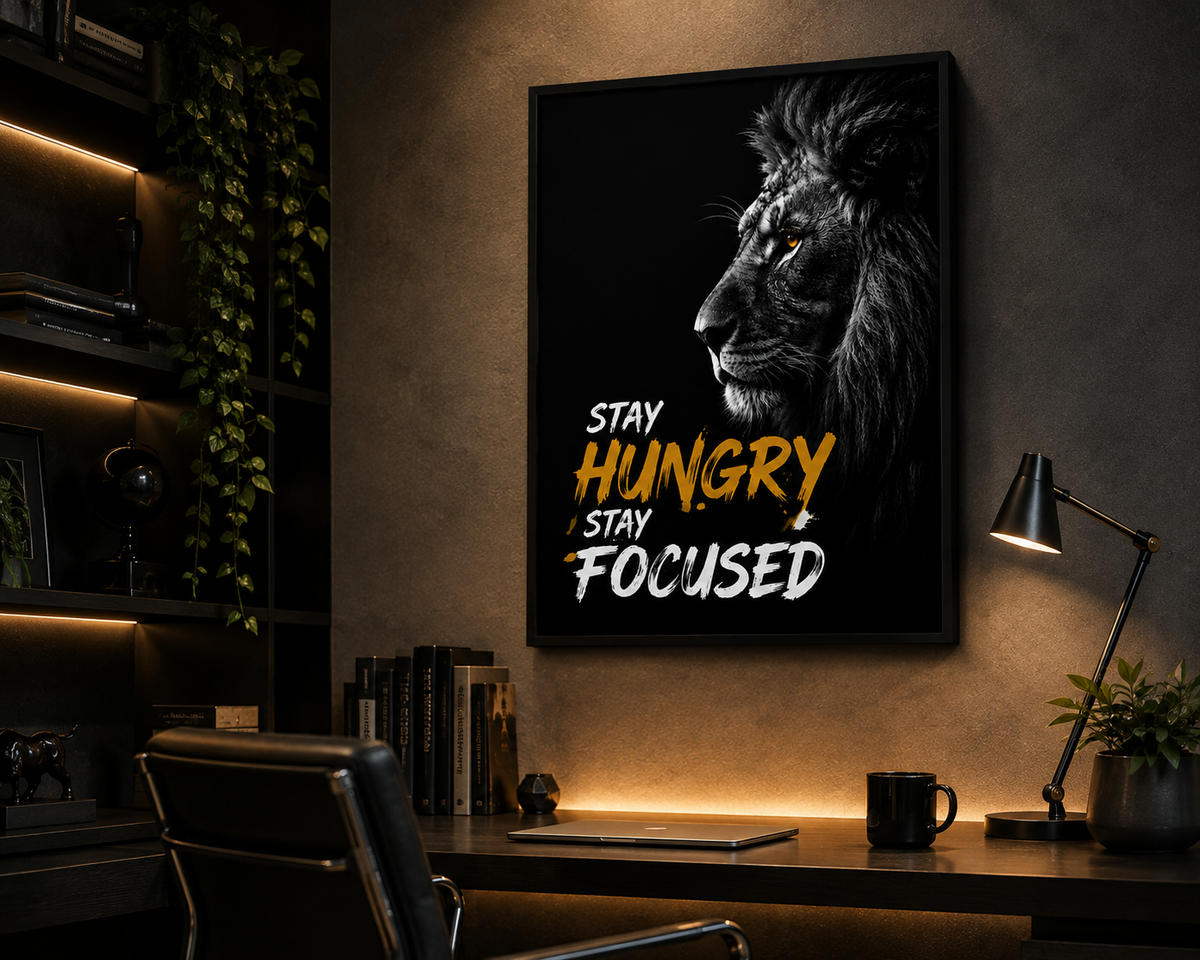 Lion wall art with 'Stay Hungry Stay Focused' quote in modern office, motivational decor