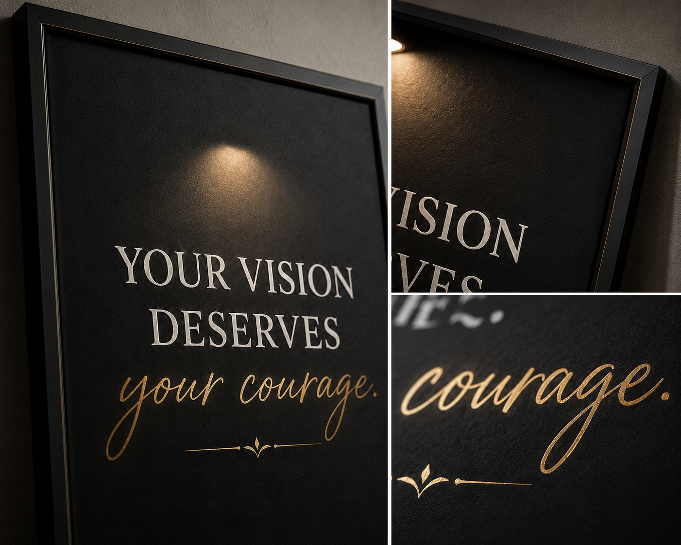 A framed wall art print with the quote 'YOUR VISION DESERVES your courage.' in white and gold lettering on a dark background, shown in a split view with a close-up inset of the gold script detail.