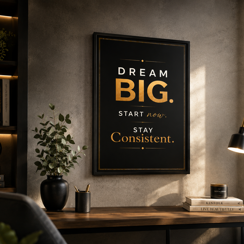 A framed motivational poster with the text 'DREAM BIG. START now.