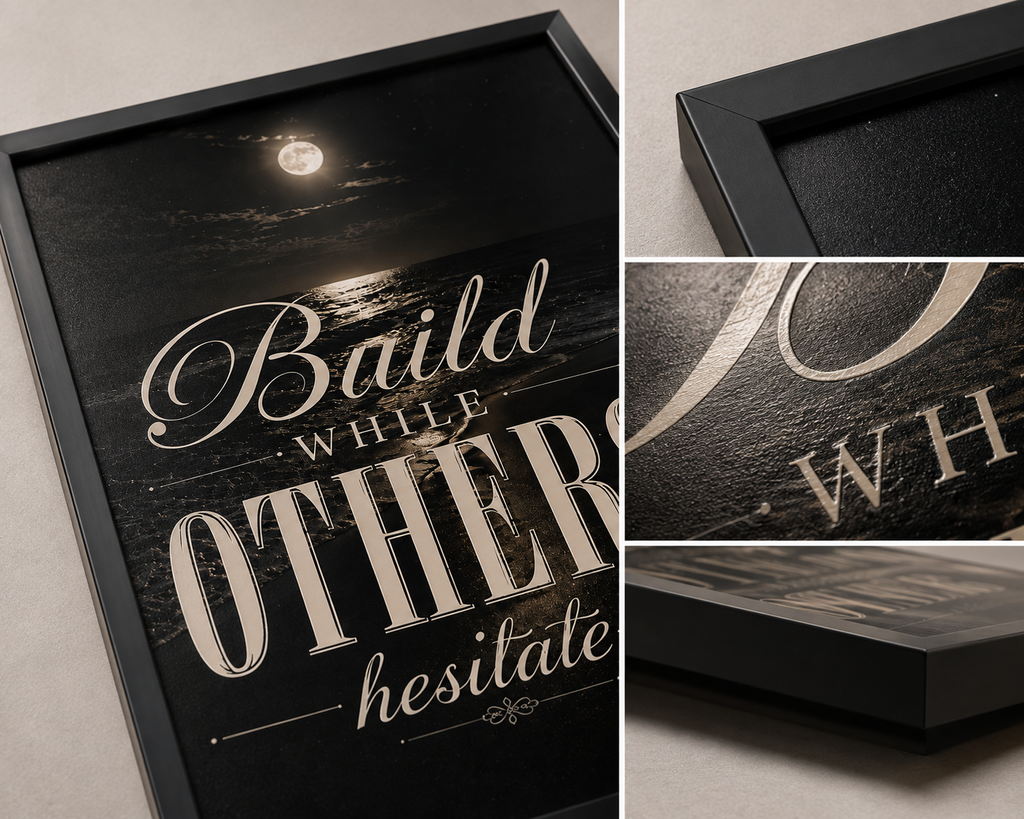 A framed decorative wall sign with the phrase “Baild while others hesitate” in large cream lettering on a dark textured background, shown in a collage with close-up detail views of the frame and surface.