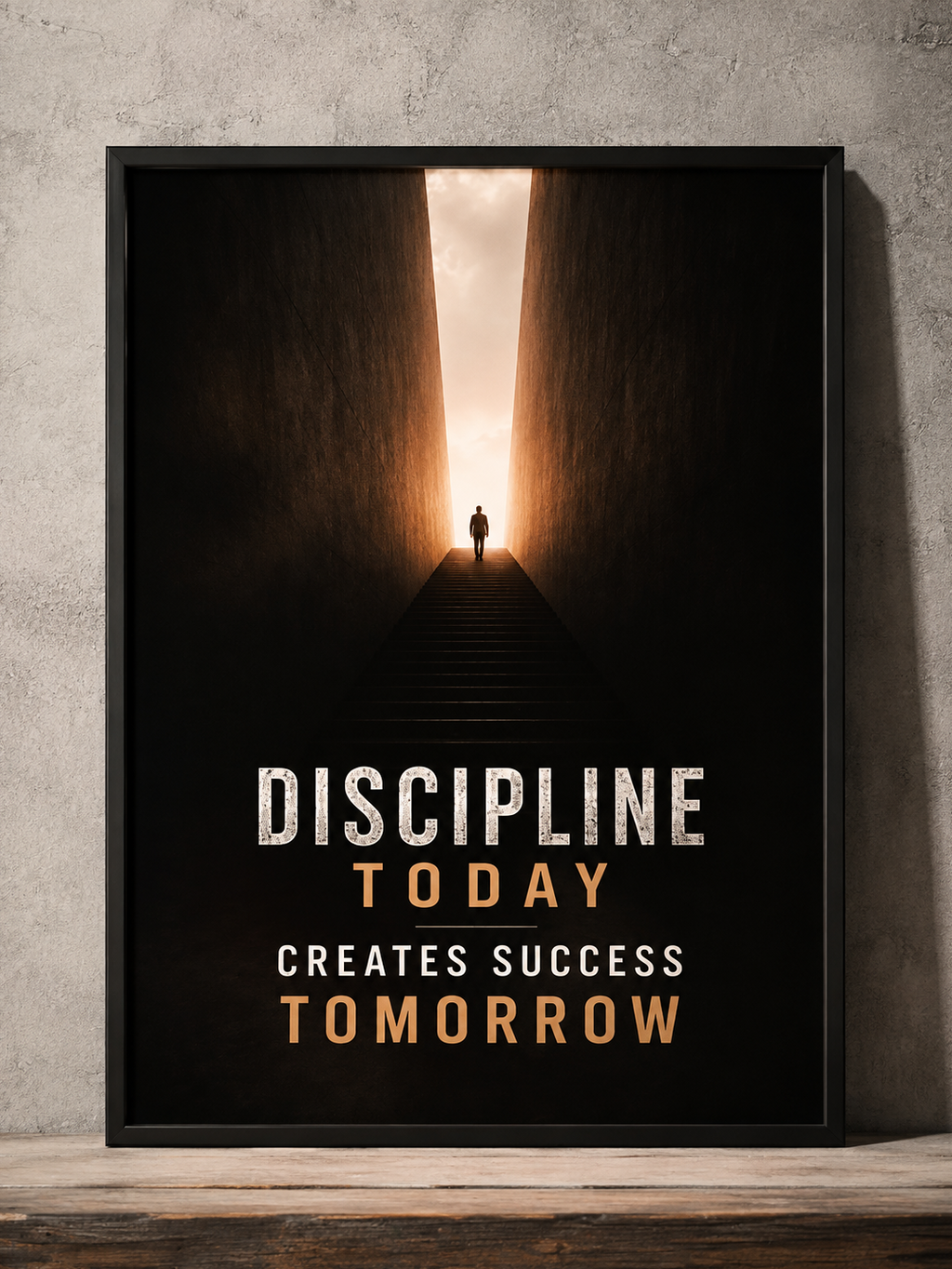 A framed motivational poster leaning against a textured gray wall on a wooden surface. The poster features a dark tunnel with a single figure walking toward a bright light at the end, with the text 'DISCIPLINE TODAY CREATES SUCCESS TOMORROW' in white and gold lettering.