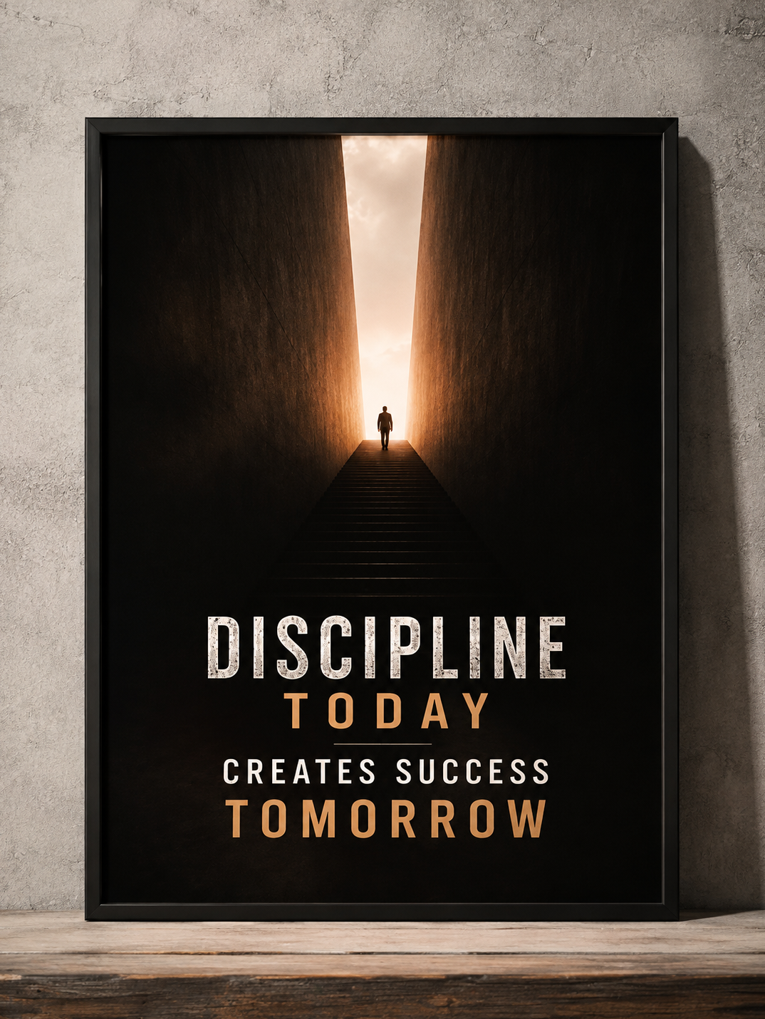 A framed motivational poster leaning against a textured gray wall on a wooden surface. The poster features a dark tunnel with a single figure walking toward a bright light at the end, with the text 'DISCIPLINE TODAY CREATES SUCCESS TOMORROW' in white and gold lettering.