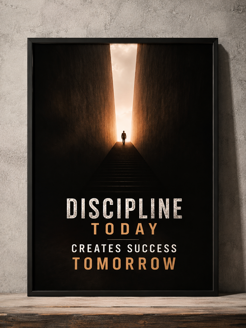 A framed motivational poster leaning against a textured gray wall on a wooden surface. The poster features a dark tunnel with a single figure walking toward a bright light at the end, with the text 'DISCIPLINE TODAY CREATES SUCCESS TOMORROW' in white and gold lettering.