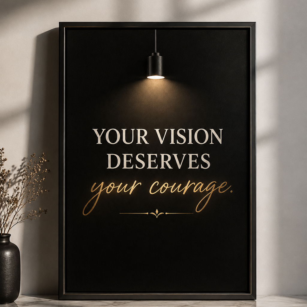 A framed motivational wall art print leaning against a wall on a marble surface. The print has a black background with a hanging light fixture illustration at the top and the text 'YOUR VISION DESERVES your courage.